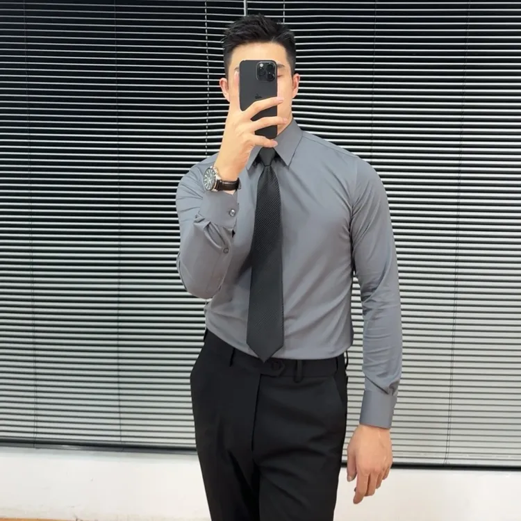 男士商务衬衫简约经典修身工作正装纯色黑色时尚白色内搭衬衣收腰