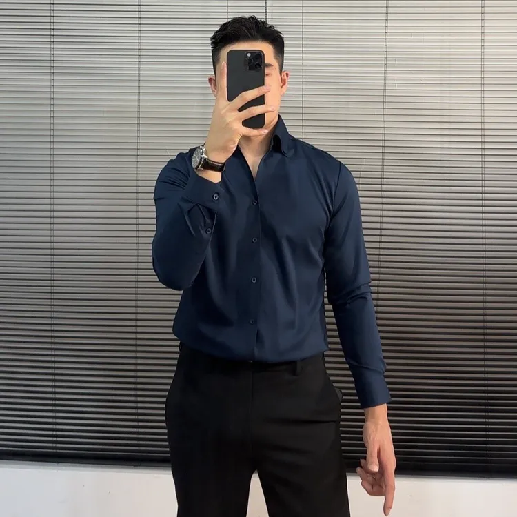 高品质无痕衬衫男V领休闲衬衫长袖简约修身纯色时尚个性衬衣韩版