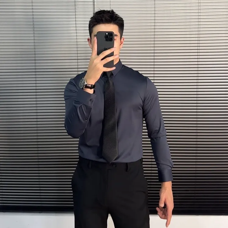 高品质简约无痕衬衫男长袖商务休闲高弹衬衫上衣修身秋季百搭秋季