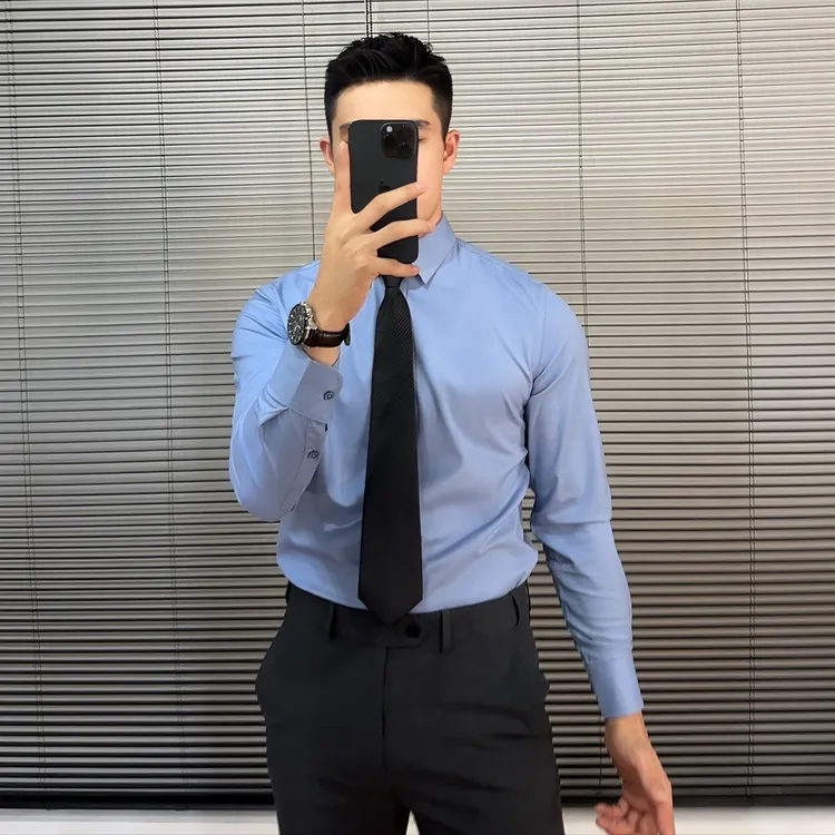 秋季薄款商务衬衫长袖衬衣男士时尚修身简约职业帅气纯色韩版免烫