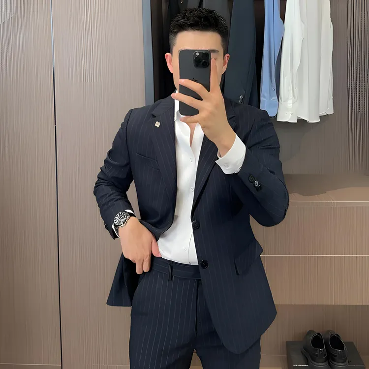 秋冬季条纹西服套装商务休闲男士时尚潮流修身职业帅气韩版英伦风