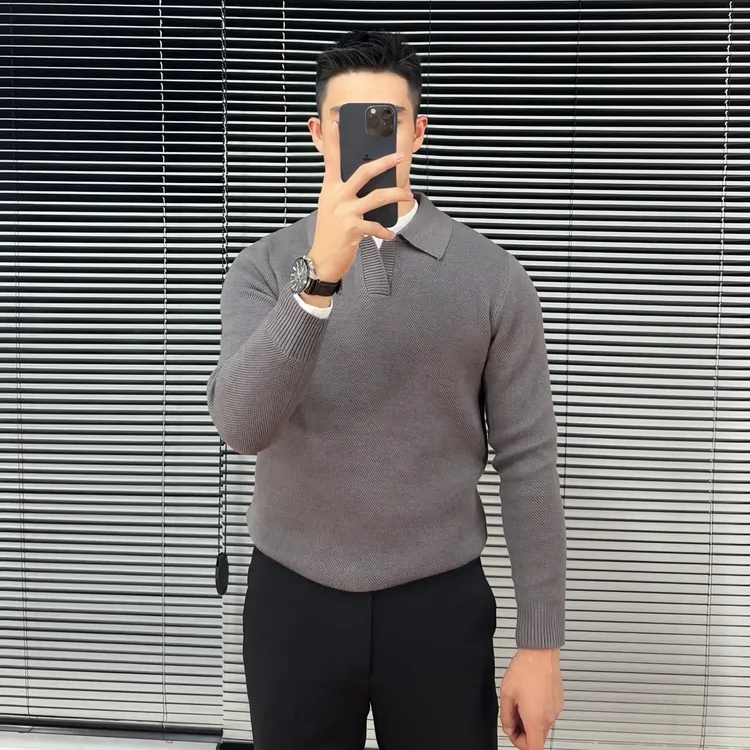 海鸥领修身高级感秋冬加厚V领毛衣外套男翻领针织Polo衫男装上衣