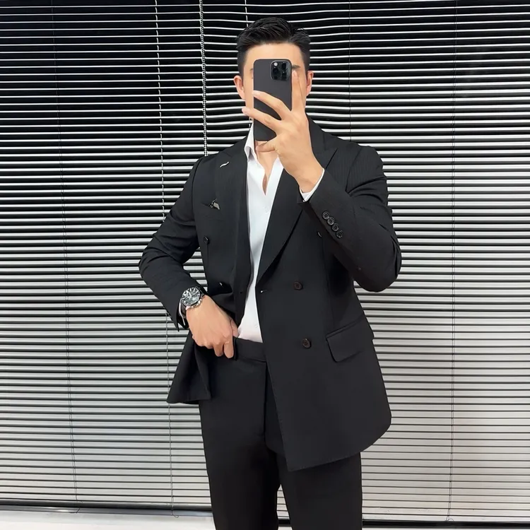 戗驳领高级感条纹西服新郎结婚礼服修身商务休闲痞帅双排扣西装潮