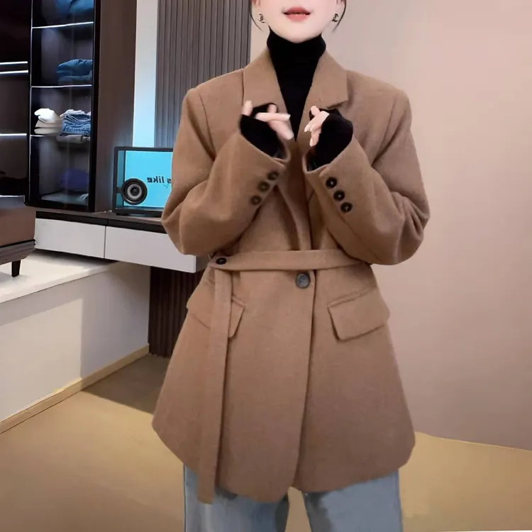 【纽约假日】羽绒毛呢西装外套女宽松时尚百搭加厚休闲中长款90绒