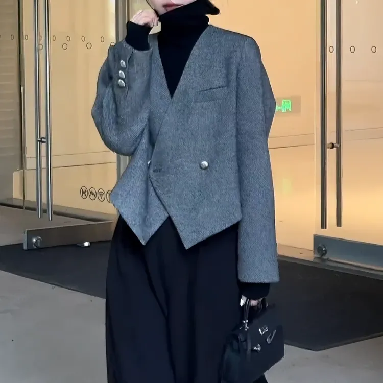 【韵律味道】2025秋季时尚气质V领飘带设计感羊毛短款宽松西装外套