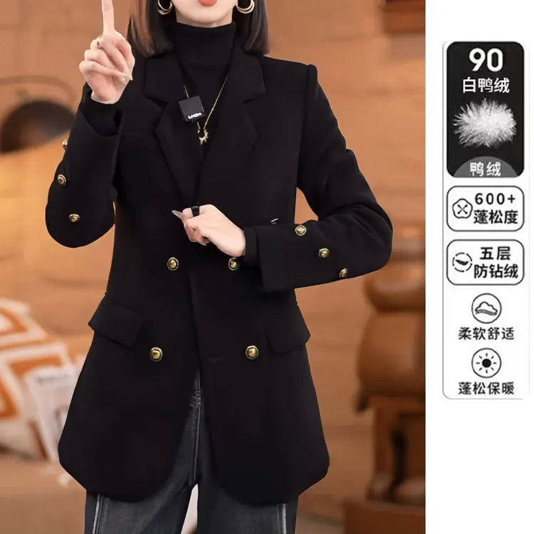 白鸭90绒条纹复古高级感灯芯绒黑色西装外套女气质休闲显瘦上衣女