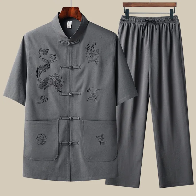 唐装套装男冰丝短袖夏款爸爸装中老年人中国风潮套装太极汉服爷爷