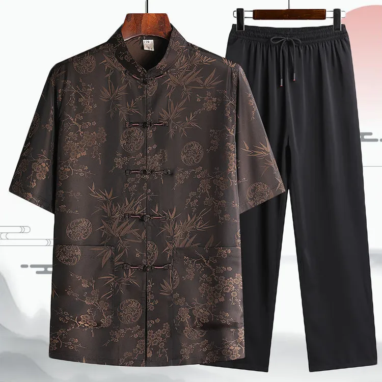 唐装汉服男冰丝短袖爸爸夏装套装中老年人爷爷夏季衣服中国风男装