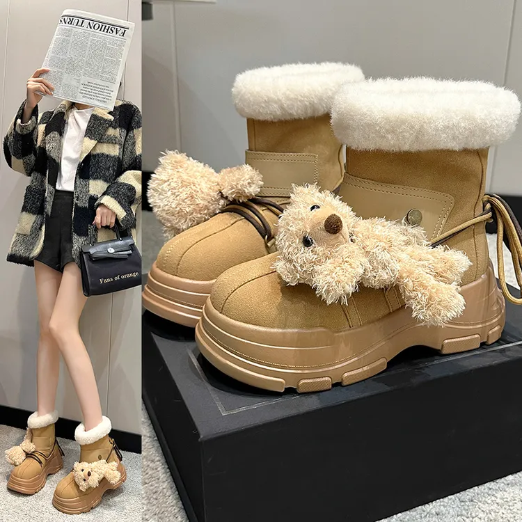 小熊雪地靴女厚底增高保暖防滑棉靴2024毛球熊冬季绑带大头鞋靴子