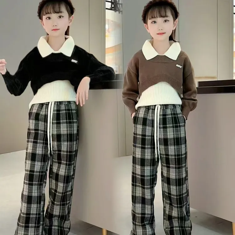 2025冬款韩版女童中洋糕绒直筒格子裤毛衣套装