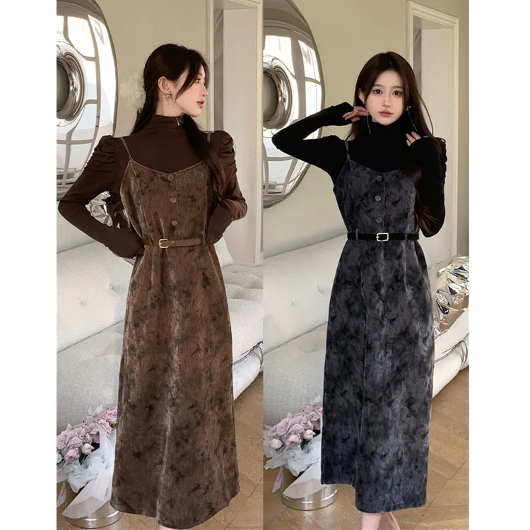 大码女装法式复古吊带连衣裙两件套女秋冬加厚半高领打底衫套装裙