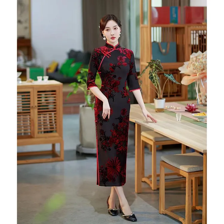 2024秋季新款妈妈装中长款复古气质修身时尚优雅显瘦中国风旗2024