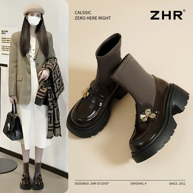 ZHR袜靴女冬季新款洋气厚底小个子鞋子增高短靴马丁靴短靴百搭