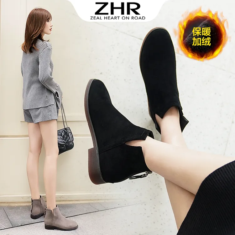 ZHR时尚V型口小短靴女靴2024冬季新款保暖女靴英伦风百搭通勤短筒