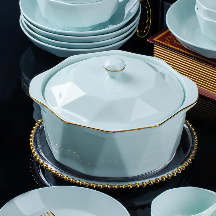 影青钻石大汤煲1个+大汤勺1个景德镇家用陶瓷餐具欧式大容量盛汤