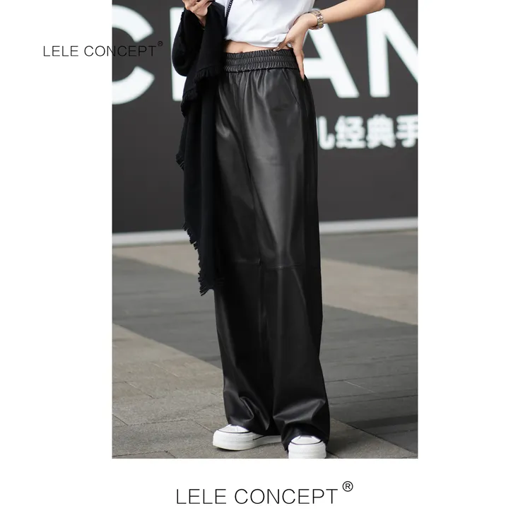 LELE CONCEPT丨宽松高级感净版皮筋腰皮阔腿裤时尚走秀款K0079