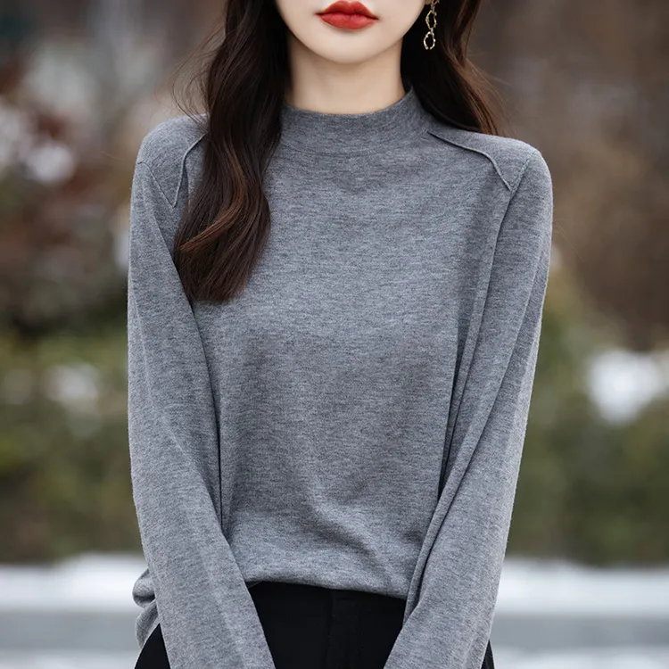 爆款纯色洋气灰色打底衫女士宽松小众高级感毛衣百搭针织衫上衣