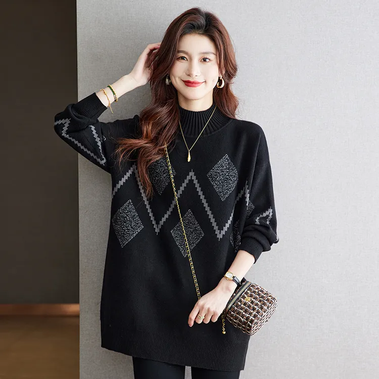 高级感时髦洋气半高领黑色大码宽松冬季打底衫女套头中长款毛衣