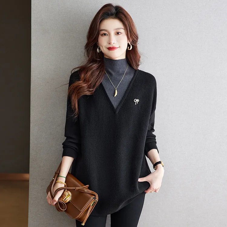 假两件大码女装设计感冬季打底衫女毛衣遮肚子时髦高级感内搭上衣