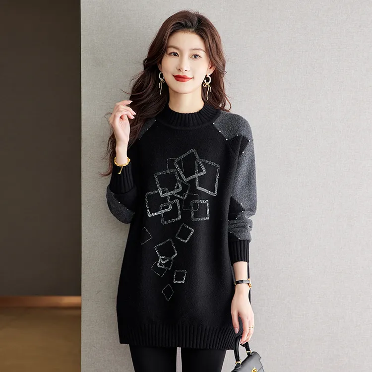 高级感拼色洋气时髦冬季打底衫大码女装加厚遮屁股毛衣显瘦设计感