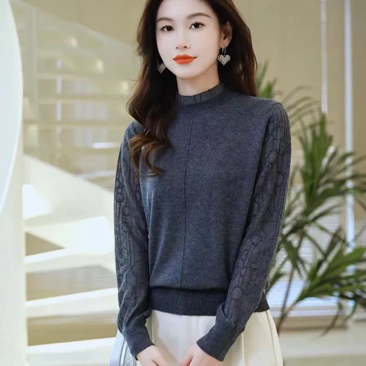 品牌春装2025年高级感桑蚕丝上衣女秋季打底衫蕾丝拼接针织衫薄款