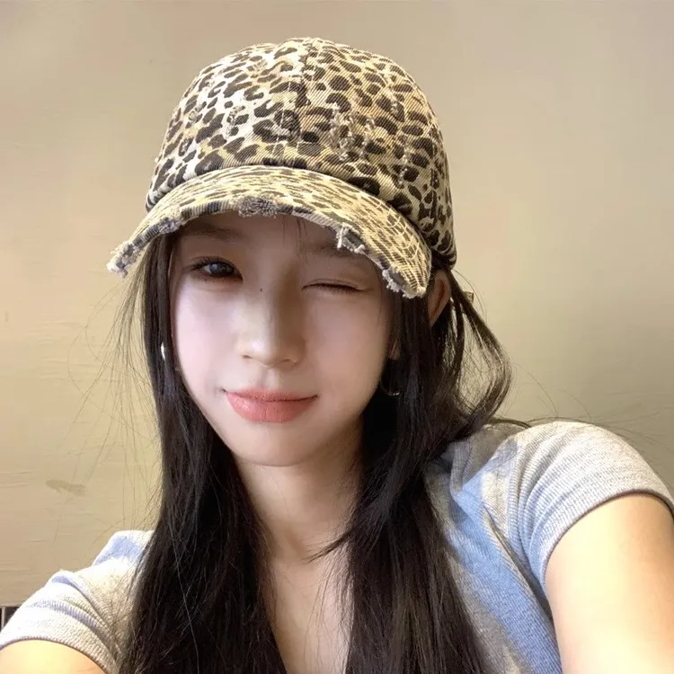 美式复古豹纹做旧棒球时尚女春夏磨毛软顶y2k显脸小ins辣妹鸭舌帽