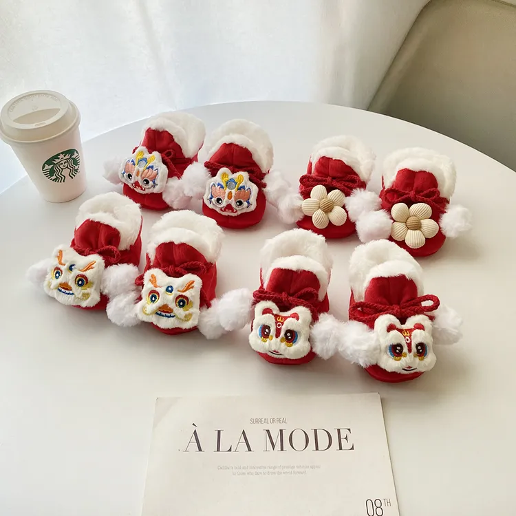 红色婴儿鞋子冬季男女童小月龄婴幼儿宝宝鞋袜满月百天喜庆防掉跟