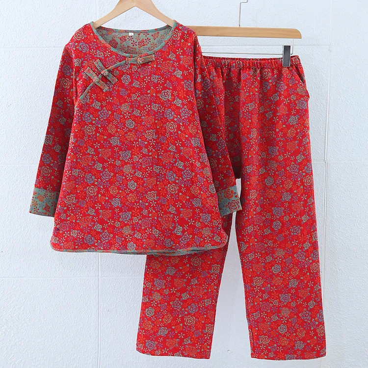 纯棉睡衣女双层纱宽松舒适透气可外穿复古新中式国风中老年家居服