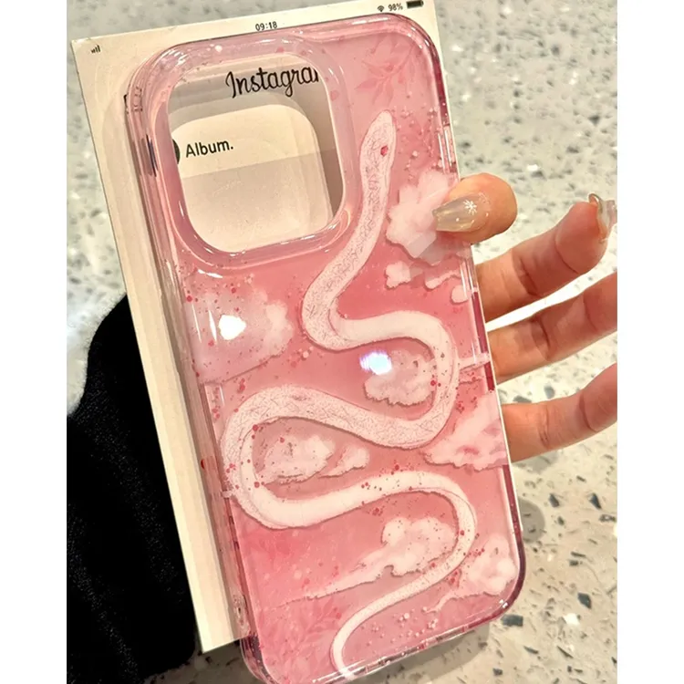 粉晶晶小蛇适用16/15iphone/14promax高级手机壳12/11双层imd女