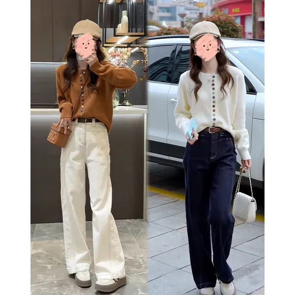 女士时尚百搭秋季女装一整套舒适休闲毛衣+牛仔阔腿裤两件套显瘦