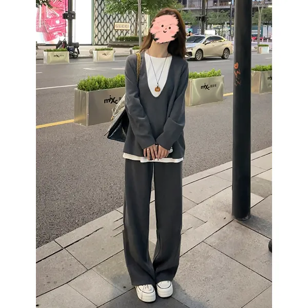 2024秋季新款时尚假两件休闲套装拼接圆领长袖上衣阔腿裤两件套