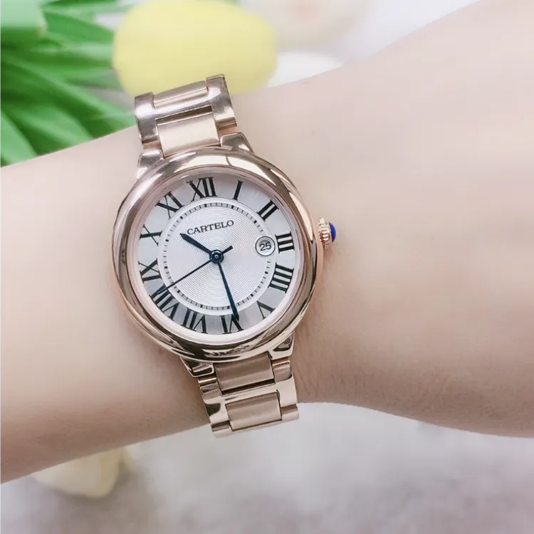 CARTELO/卡帝乐鳄鱼女士气质轻奢时尚玫瑰金精钢防水石英商务腕表