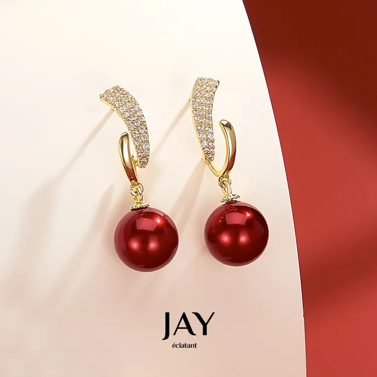 Jay 合金仿珍珠耳饰 仿珍珠耳环2023新款红色耳饰女秋冬新年耳钉