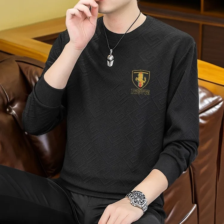 春秋款高档男士提花圆领卫衣秋冬季新款潮流长袖休闲上衣打底