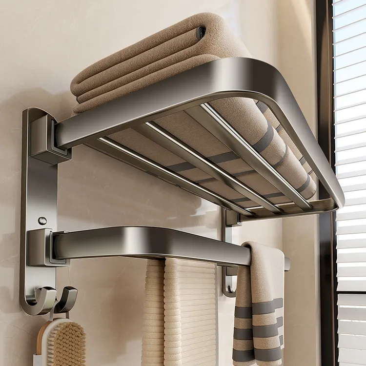 天地鱼免打孔太空铝浴室卫生间置物架浴巾架厨卫挂件双折叠毛巾架