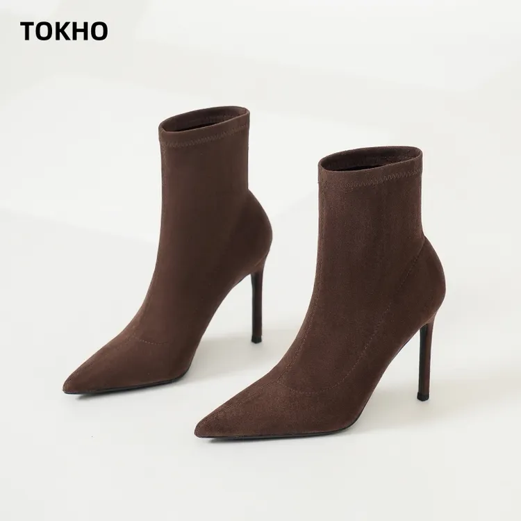 【TOKHO】绒面尖头短靴女细跟弹力靴裸靴瘦瘦靴显高显腿长靴子百搭