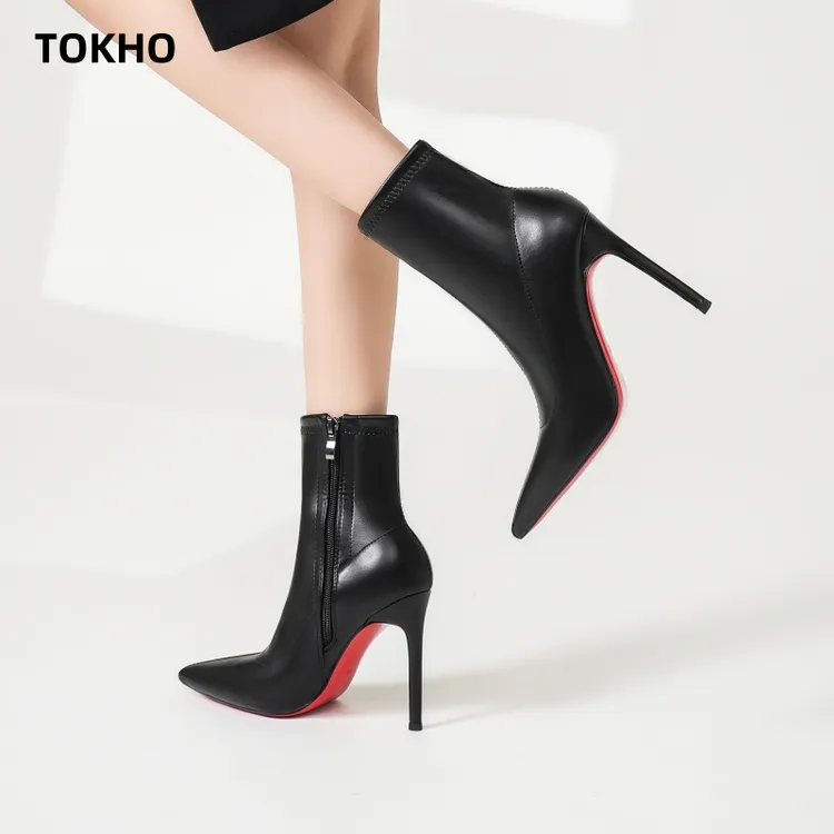 【TOKHO】尖头高跟短靴女秋冬加绒保暖细跟拉链弹力靴黑色时尚百搭