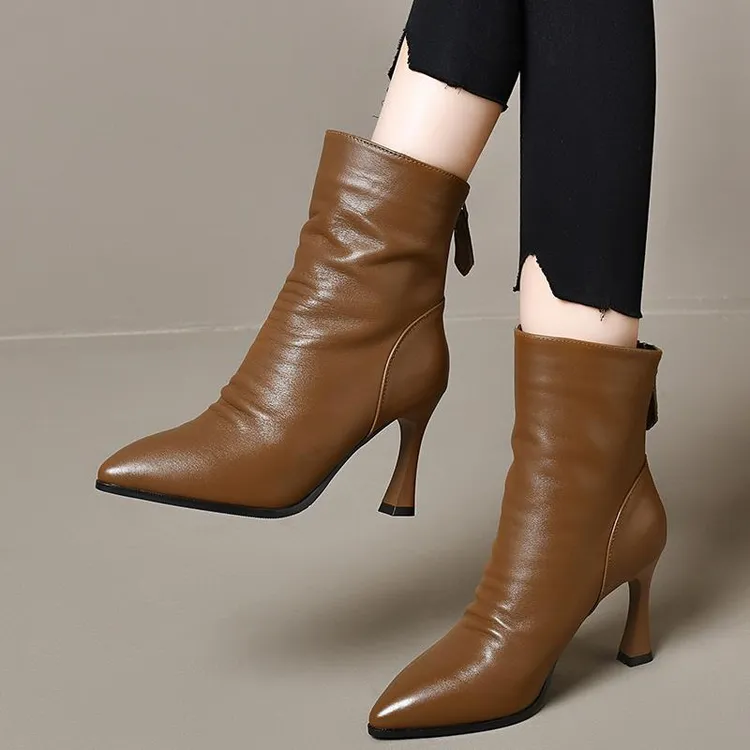 中筒靴女高跟2025新款秋冬季真皮加绒女鞋细跟短靴尖头小跟马丁靴