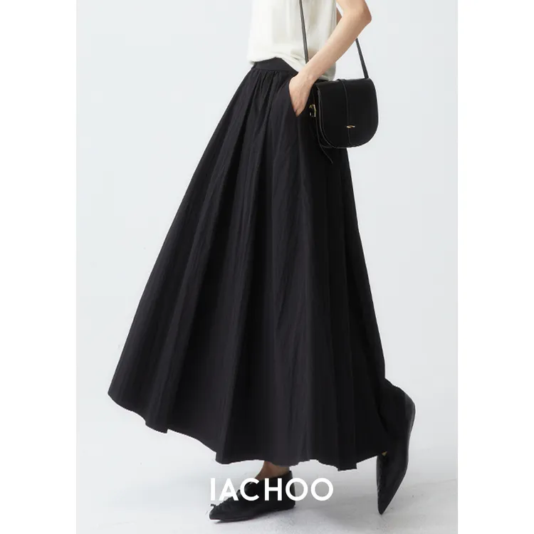 IACHOE【折痕情书】春夏新品休闲百搭高腰松紧腰A字裙3431517005