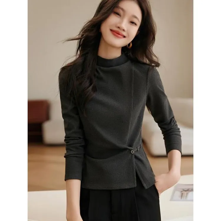 9563打底衫T恤女春秋新款时尚洋气通勤百搭显瘦上衣黑色修身气质