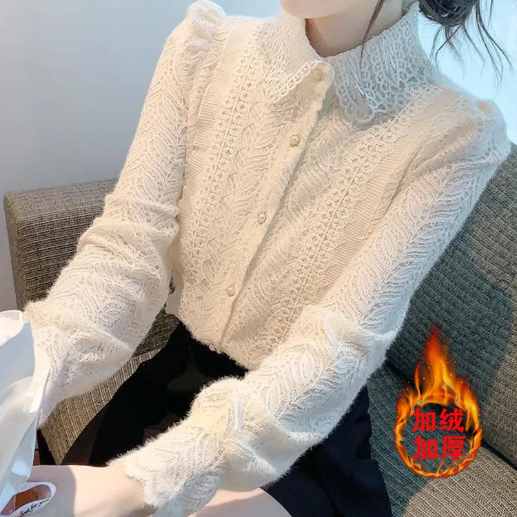 9695加绒加厚春秋新款内搭蕾丝雪纺衫温柔气质长袖打底衫上衣女装