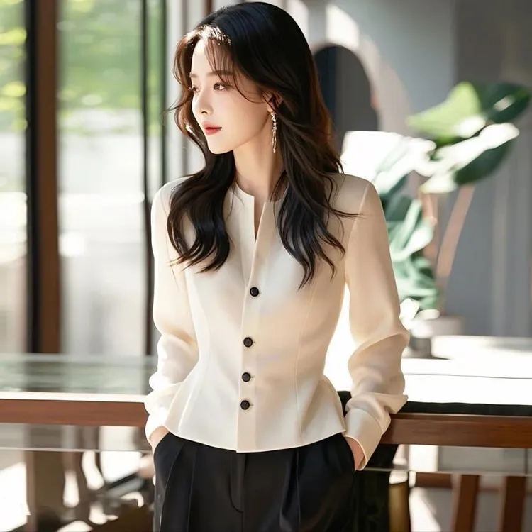 9652小香风法式收腰上衣春秋新款白色衬衫高级感职业女装长袖衬衣