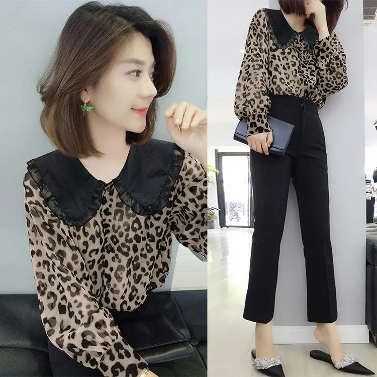 【柔软水印面料】9201春秋新款欧货豹纹打底衫长袖洋气雪纺衫上衣女