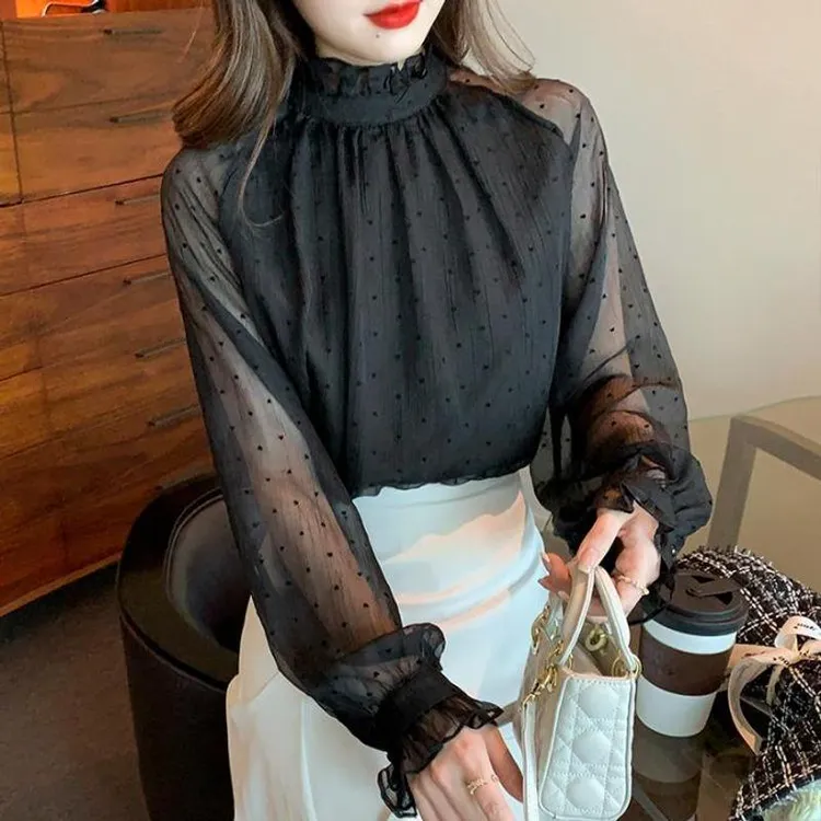 9591木耳边立领雪纺衬衫女长袖秋款新款小衫百搭宽松黑色上衣