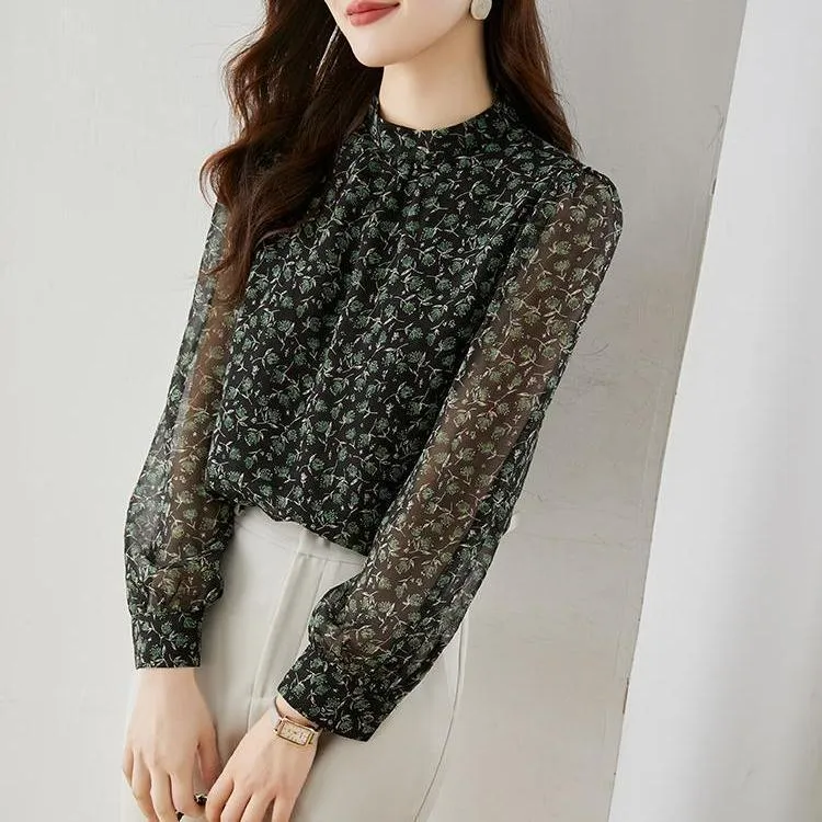 【乔其纱面料】9348气质上衣女春秋碎花好看的雪纺衫女时尚透明立领