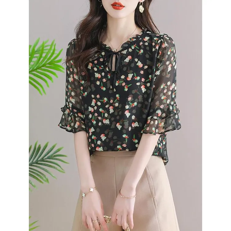 【双绉乔其纱面料】9639碎花雪纺衬衫女短袖夏季衬衣荷叶袖上衣小衫