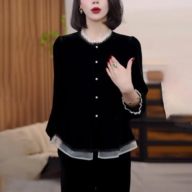 9681法式假两件衬衫女士新款气质休闲显瘦黑色丝绒打底衫上衣