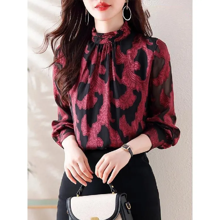 法式复古衬衫女长袖立领春秋新款设计感小众气质衬衣别致打底上衣