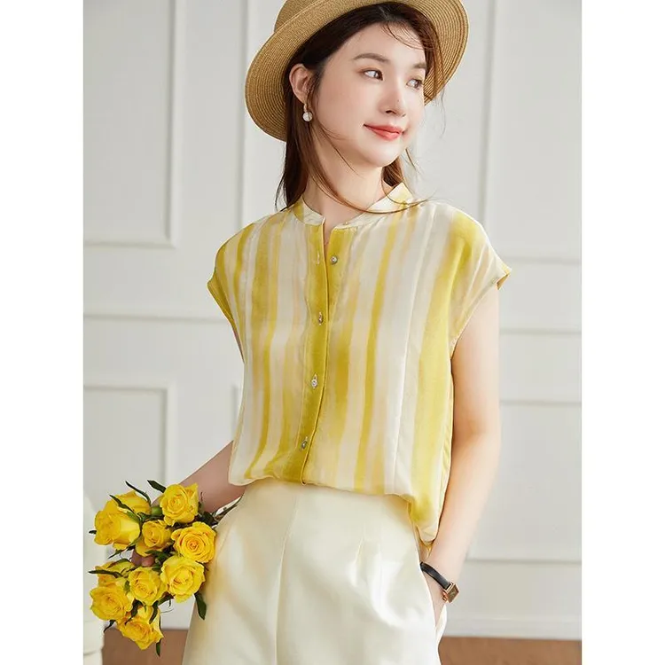 9409时尚气质上衣女2025春秋新款高级感条纹短袖女衬衫减龄时尚潮