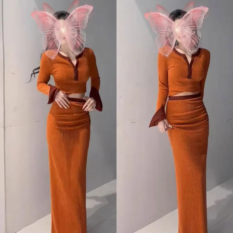 382-1#优雅气质套装上衣+时尚高腰显瘦包臀半身裙两件套